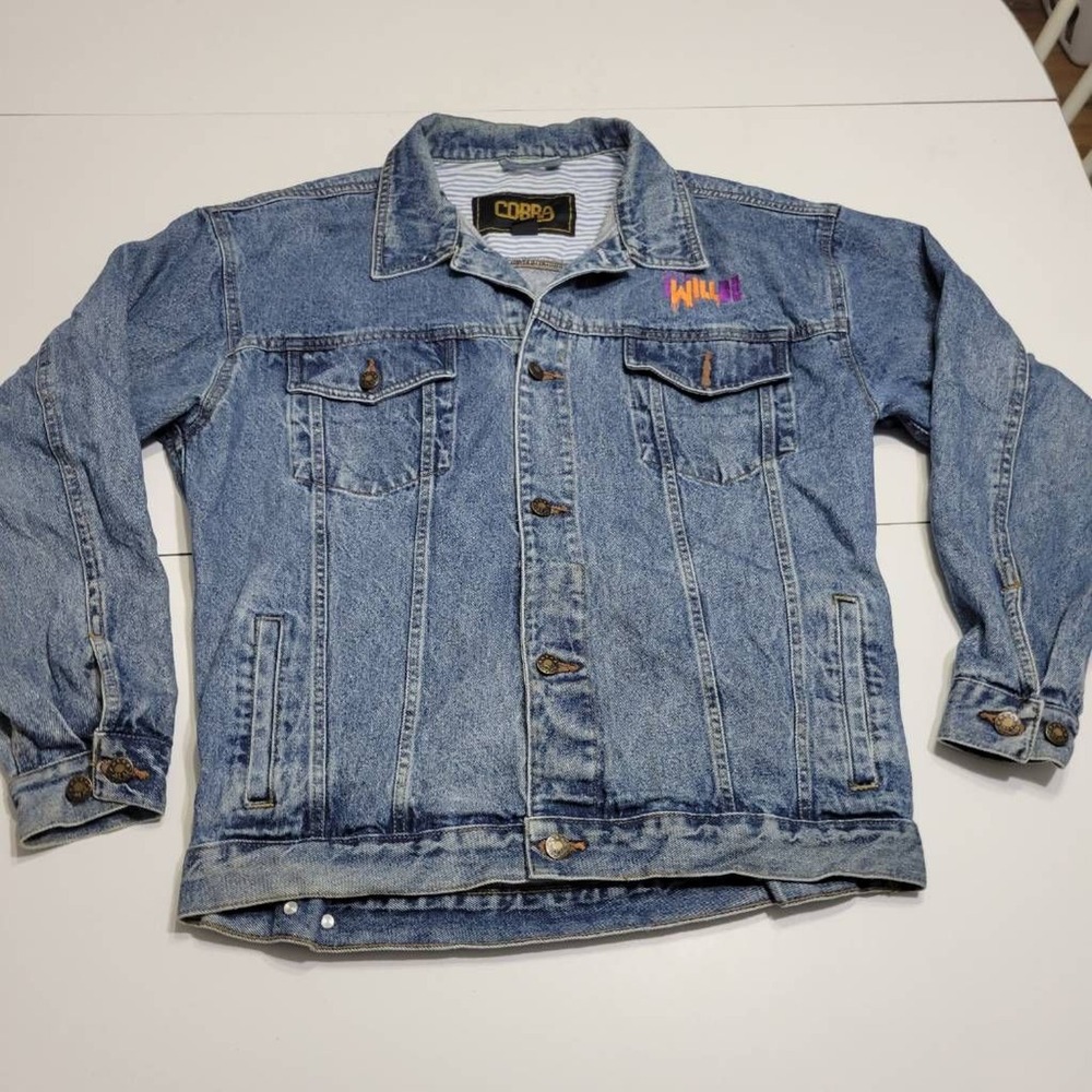 Cobra Mens M Jean Jacket Blue I Will Be Good Embroidered Button Flap Pockets